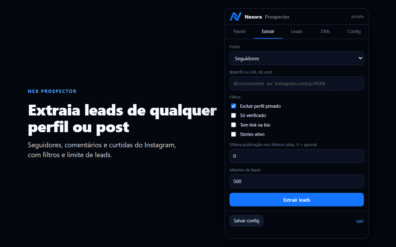 Tela de extração de leads